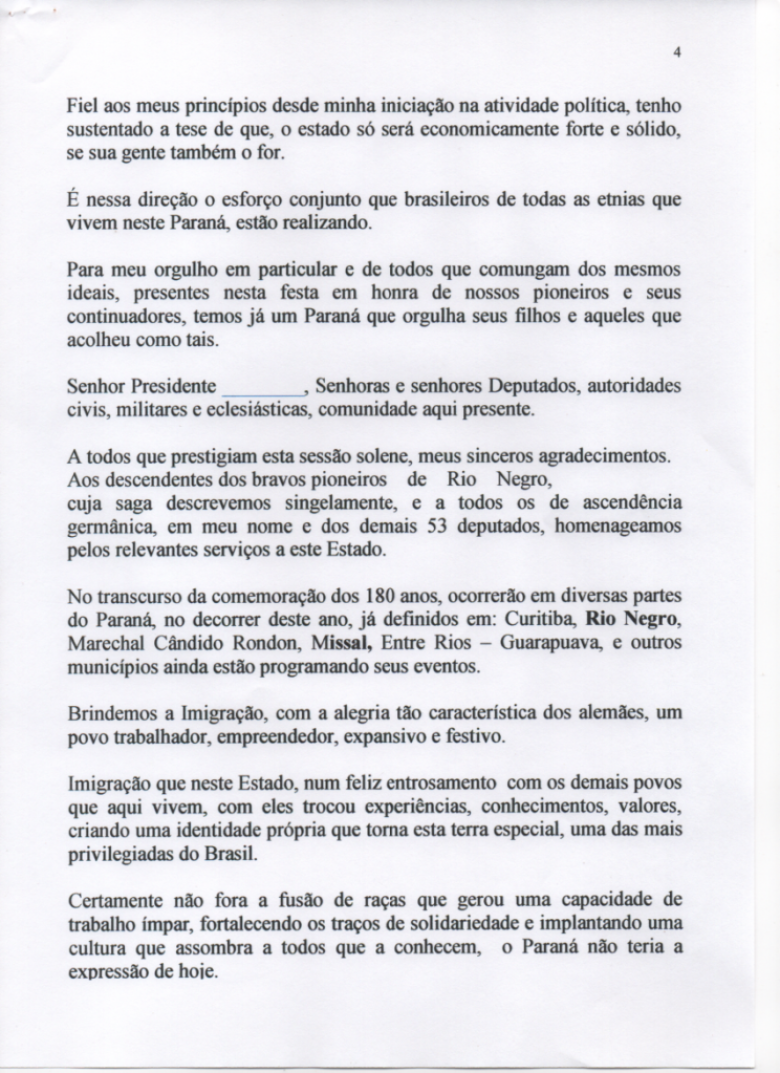 Página 4  do discurso do deputado estadual Elio Rusch e presidente da Comissão de Festejos dos 180 Anos da Imigração Alemã no Paraná.