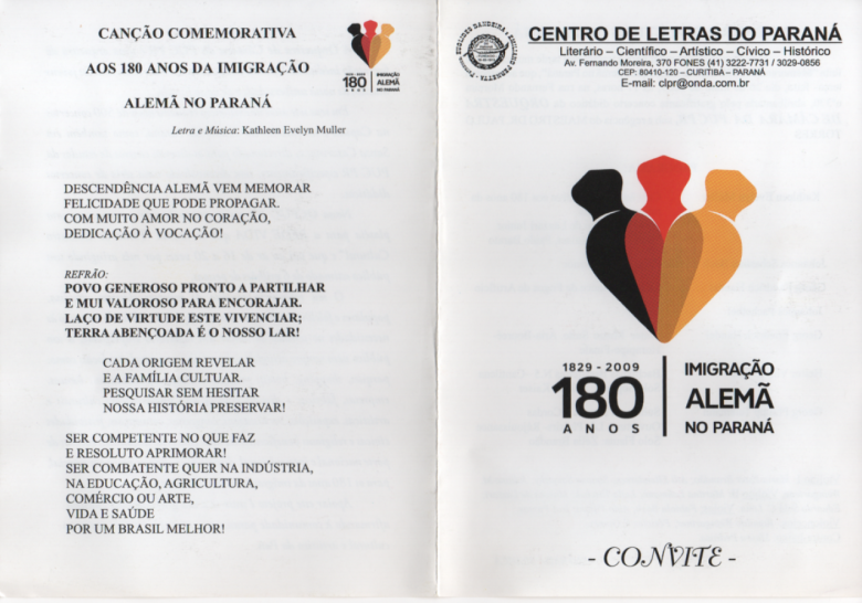 Capa e contracapa do convite do Centro de Letras do Paraná para o evento alusivo aos 180 Anos da Imigração Alemã no Paraná. 