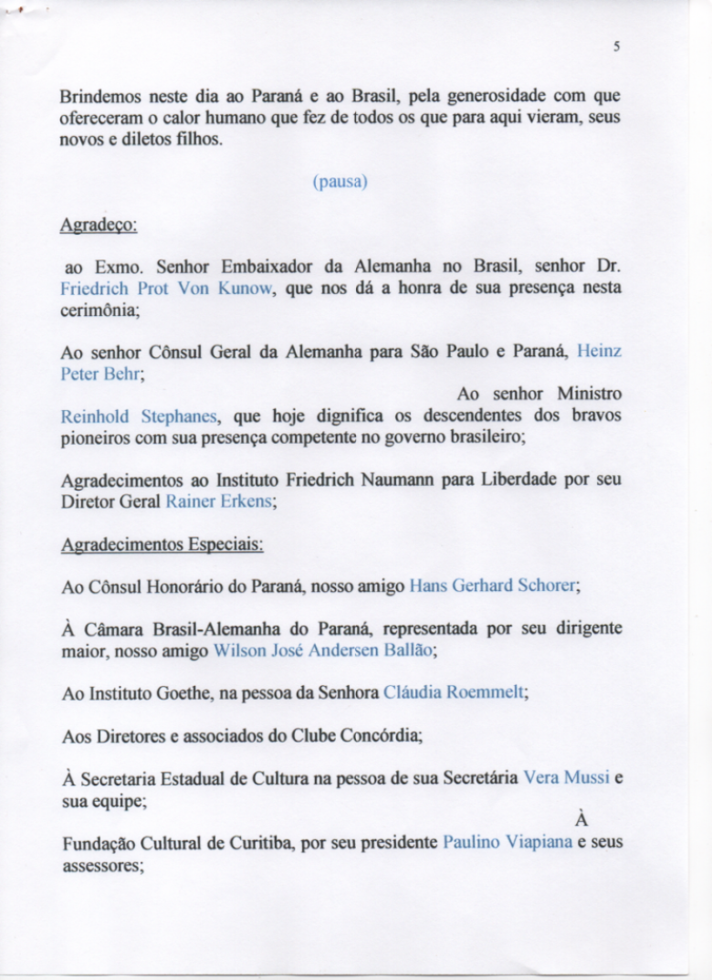 Página  5 do discurso do deputado estadual Elio Rusch e presidente da Comissão de Festejos dos 180 Anos da Imigração Alemã no Paraná.