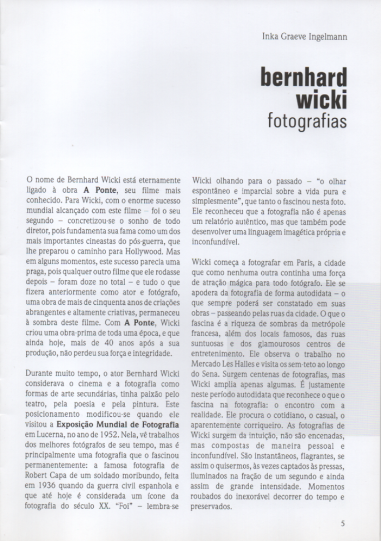 Página 5 do  informativo sobre a exposição de fotografias de Bernhard Wicki, no Goethe Institut, em Curitiba.