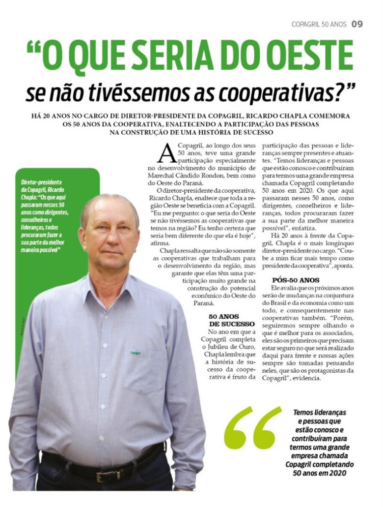 Palavra de Ricardo Silvio Chapla, diretor-presidente da Copagril, na edição especial de O Presente alusiva aos 50 anos da Copagril. 
Imagem: Acervo Projeto Memória Rondonense.
