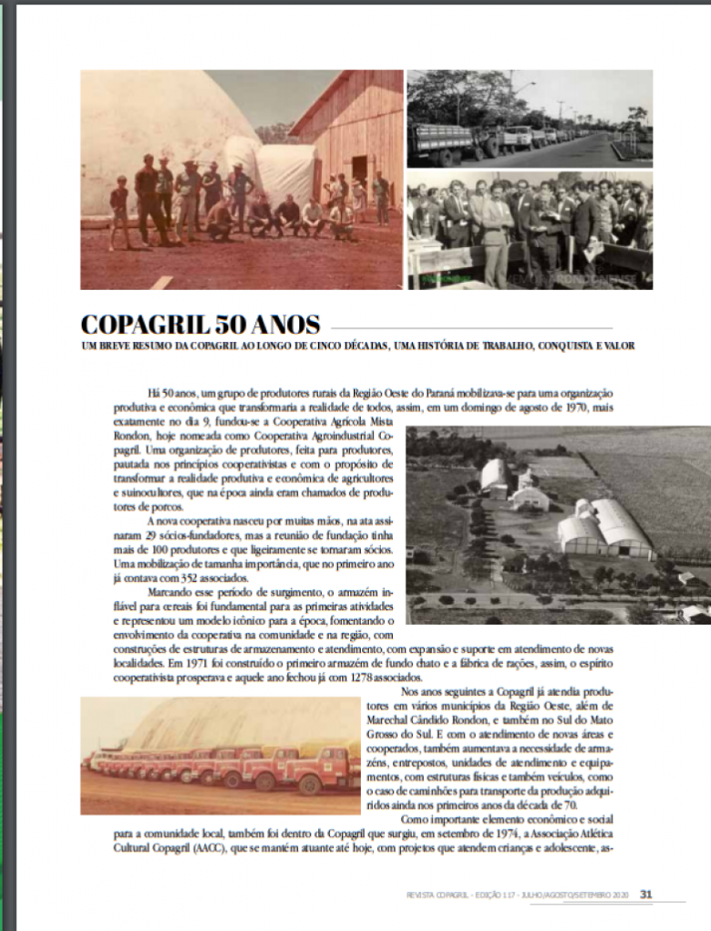1ª página do destaque sobre os 50 anos  na Revista Copagri, ed. 117,  cad. Julho/Agosto/Setembro 2020.  