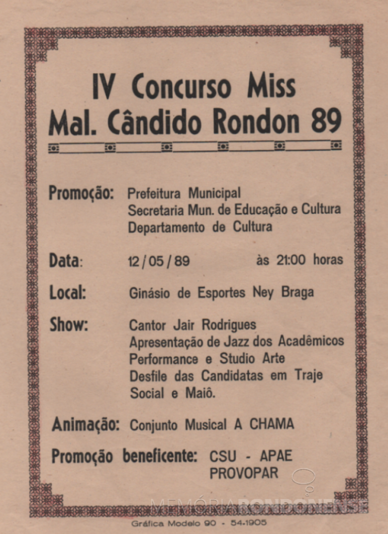 Folheto convite para o IV Concurso Miss Marechal Cândido Rondon. 