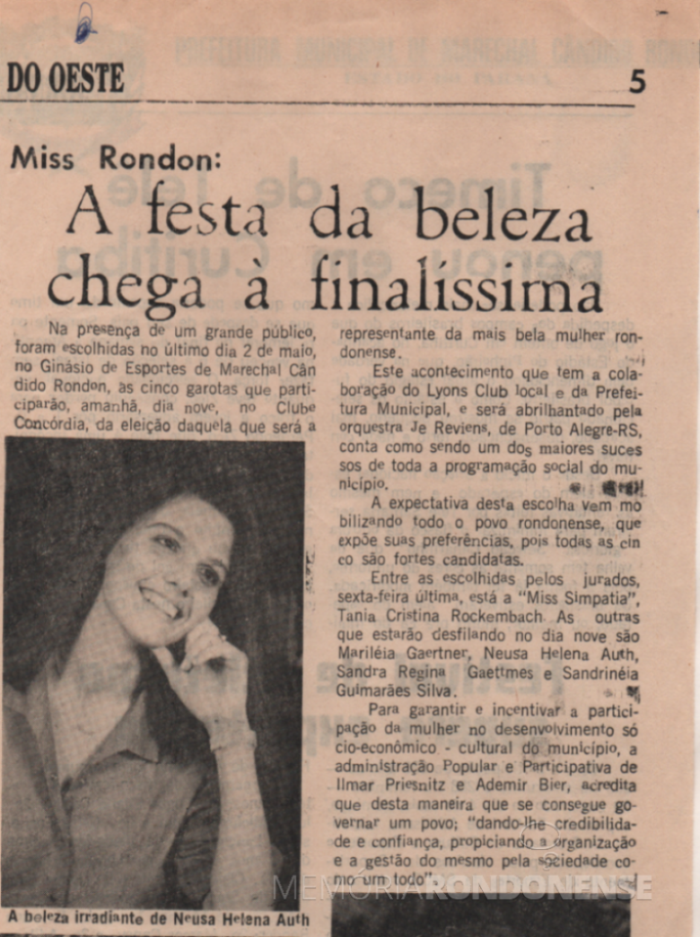 Primeira parte da nota do Jornal do Oeste, de Toledo, sobre o concurso Miss Marechal Cândido Rondon 1986.