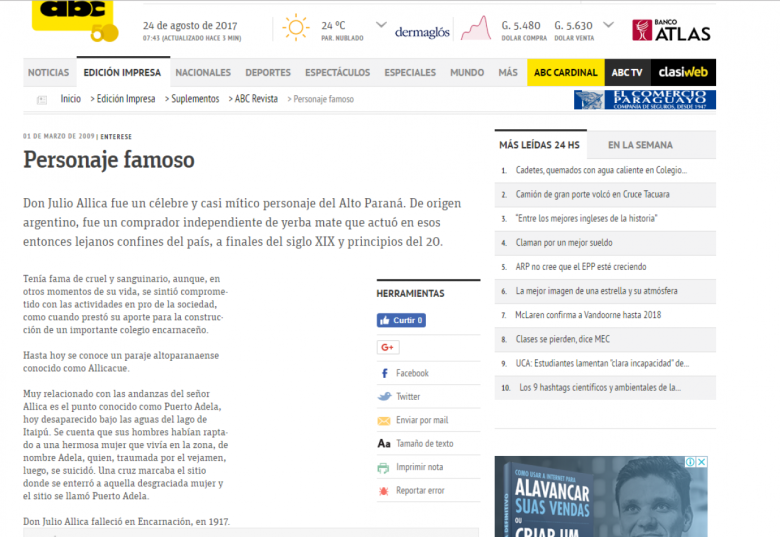 Artigo do jornal ABC Color Digital, de Assunção, Paraguai, em 01 de março de 2009. 
