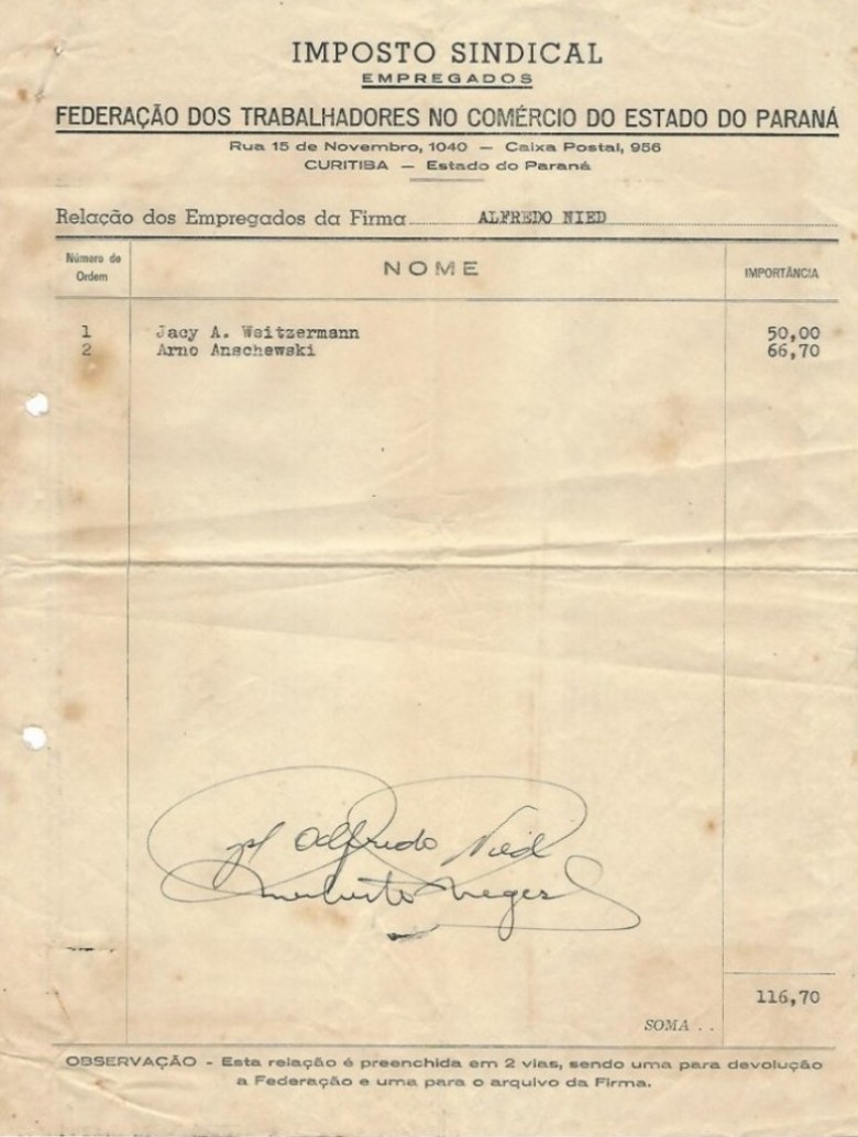Lista nominativa dos dois empregados para o pagamento do Imposto Sindical, exercício 1955. 
Imagem: Acervo Walmor Nied
