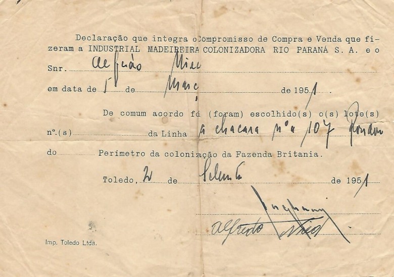 Declaração de comum acordo entre a Maripá e o senhor Alfredo Nied referente a compra da chácara nº 107. 
Imagem: Acervo Walmor Nied 