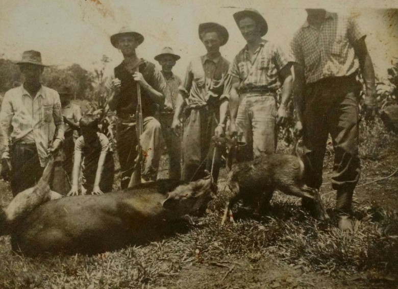 Grupo de pioneiros posando com uma anta e dois veados abatidos durante caçada, no começo da década de 1950. 
Imagem: Acervo Nenito Costa - Camboriú
