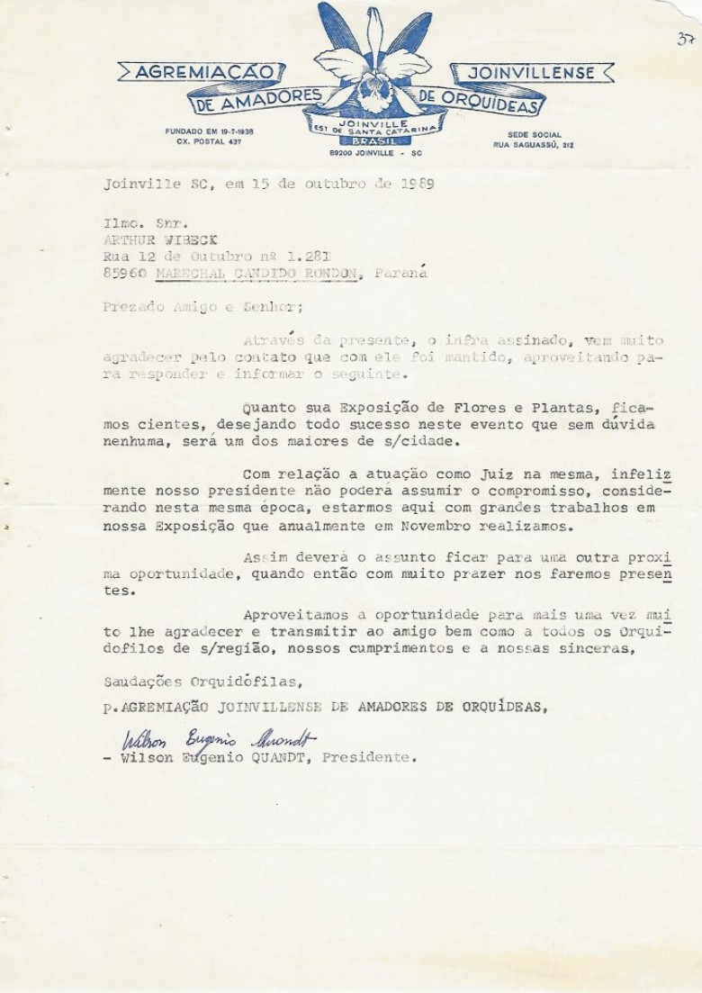 Carta do presidente da Associação Joinvillense de Amadores de Orquídeas. 
Imagem: Acervo Memória Rondonense. 