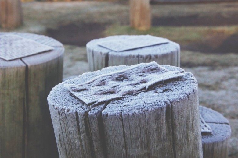 Detalhe da geada nos totens de madeira no Parque de Lazer. 
Imagem: Acervo Memória Rondonense - Crédito: Tioni de Oliveira 