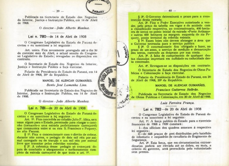 Cópia da Lei Estadual nº 781, de 20 de abril de 1908, do governo do Paraná, que autorizou a vendasde terras ao argentino Julio Tomaz Allica. 
Fonte: Arquivo Público do Paraná