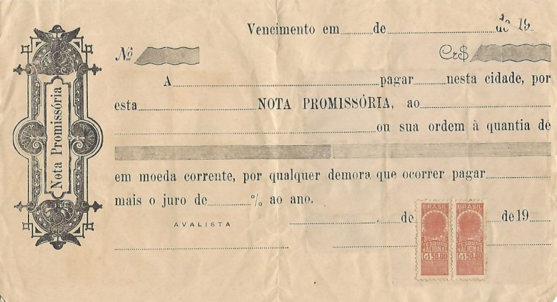 Modelo de nota promissória usada na época, já contendo os selos de pagamento de taxas públicas. 
Image: Acervo Walmor