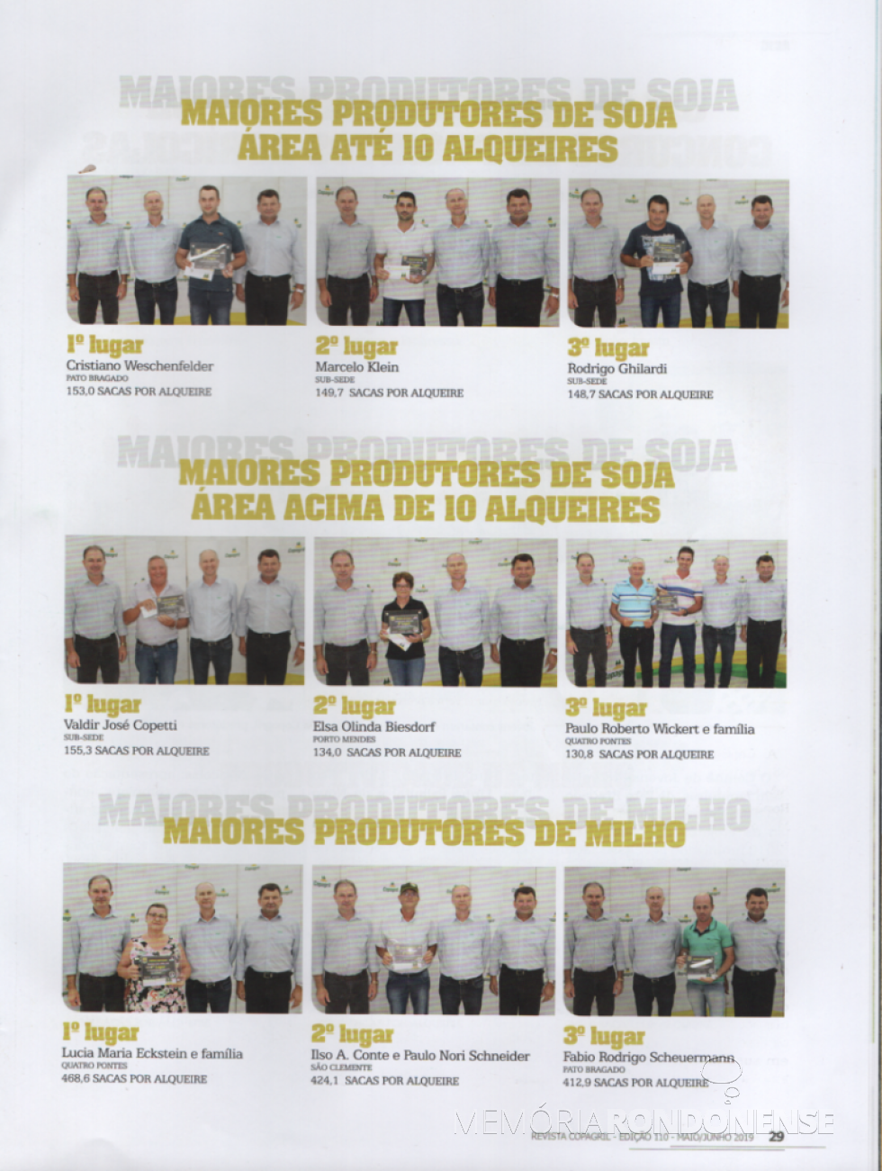 Premiação dos produtores que alcançaram a melhor produtividade de soja e milho, respectivamente, nas categorias envolvidas, na safra 2018/2019.
ImageM; Revista Copagril nº 110 - FOTO 25 -
