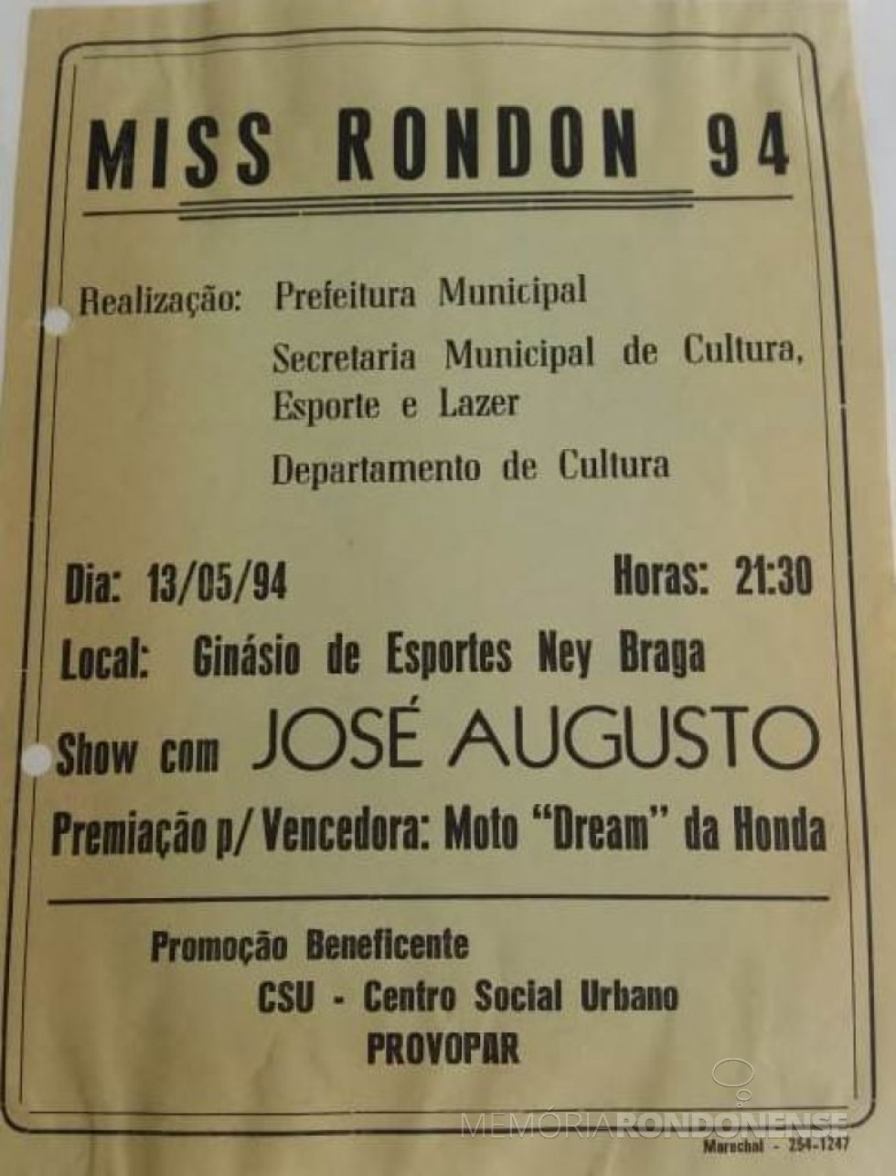 || Capa do álbum do Miss Marechal Cândido Rondon 1994.
Imagem: Acervo Secretaria Municipal de Cultura - FOTO 15 -