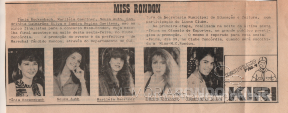 || Cinco finalistas do Miss Marechal Cândido Rondon 1986. 
Imagem: Acervo Secretaria de Cultura - Prefeitura Municipal de Marechal Cândido Rondon - FOTO 6 - 