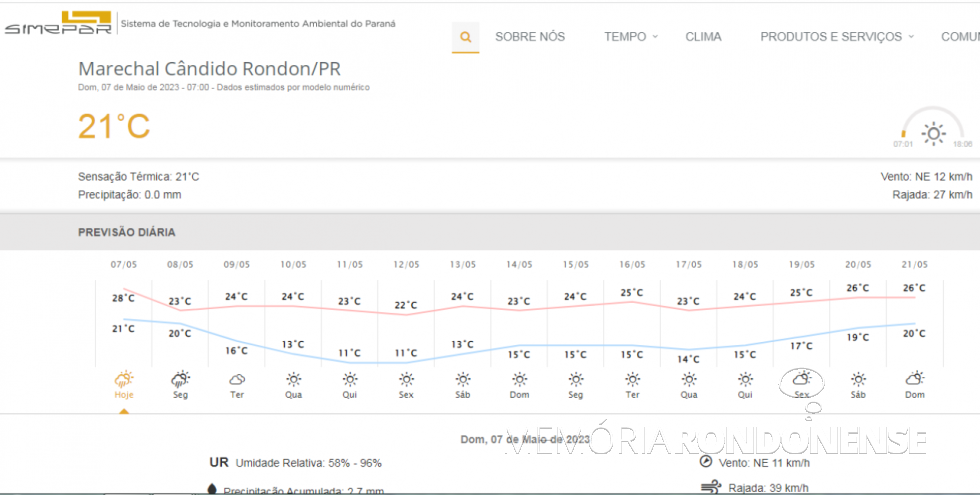 || Carta climatológica do Simepar com previsão metereológica para cidade de Marechal Cândido Rondon,  dia 07 de maio de 2023 e dias seguintes.
Imagem: Acervo do órgão citado - FOTO 20 -