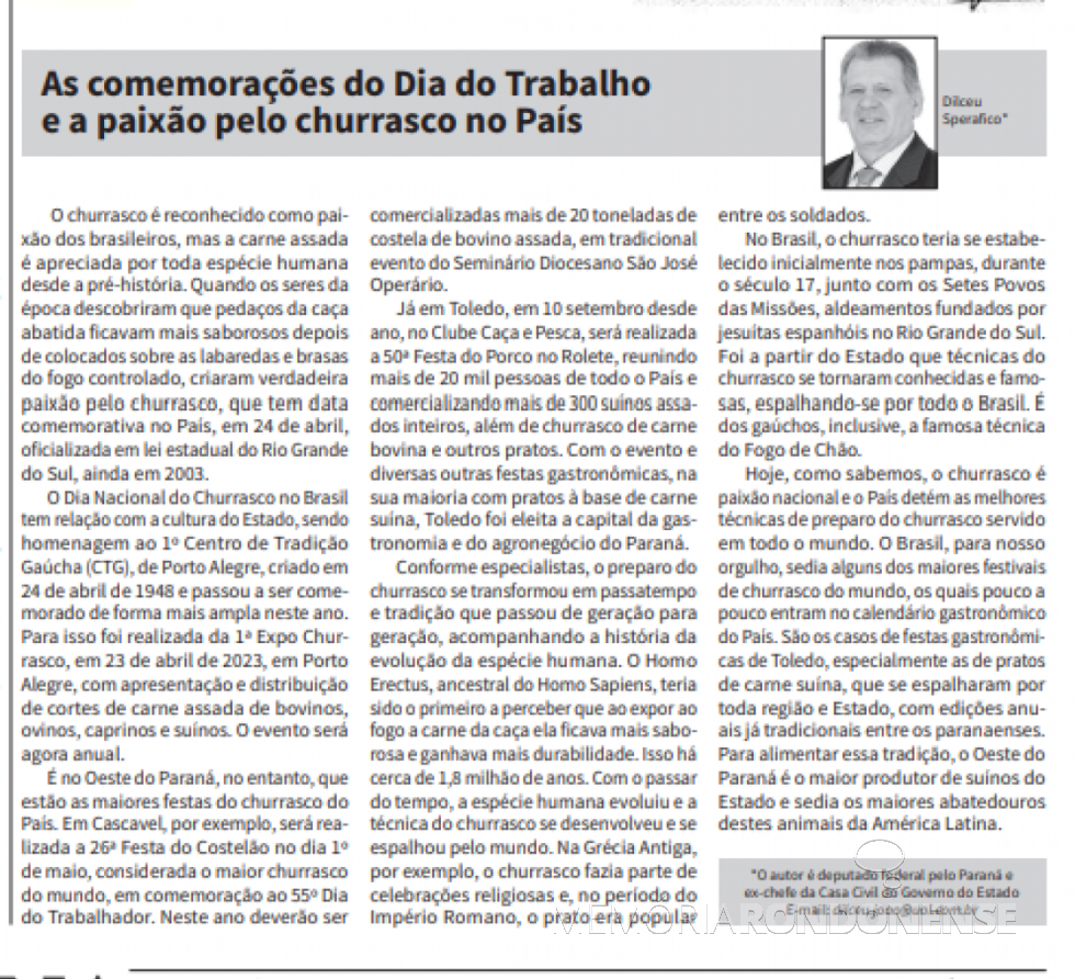 || Artigo do deputado federal Dilceu Sperafico publicado no jornal rondonense 