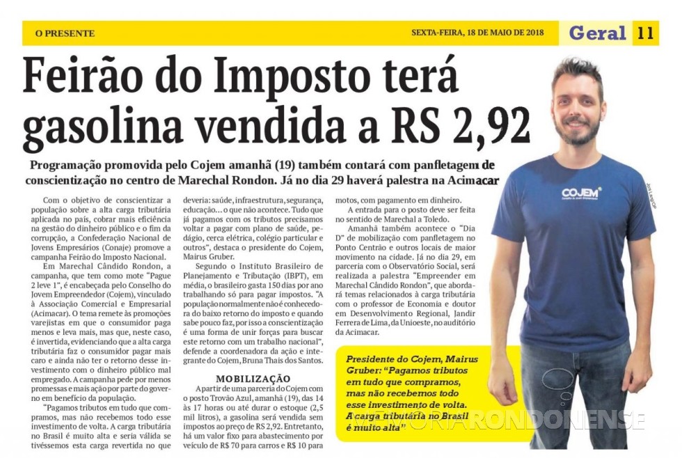 || Publicação do jornal O Presente referente a campanha da Feirão do Imposto, movimentado pelo Cojem de Marechal Cândido Rondon, em maio de 2018.- FOTO 9 - 