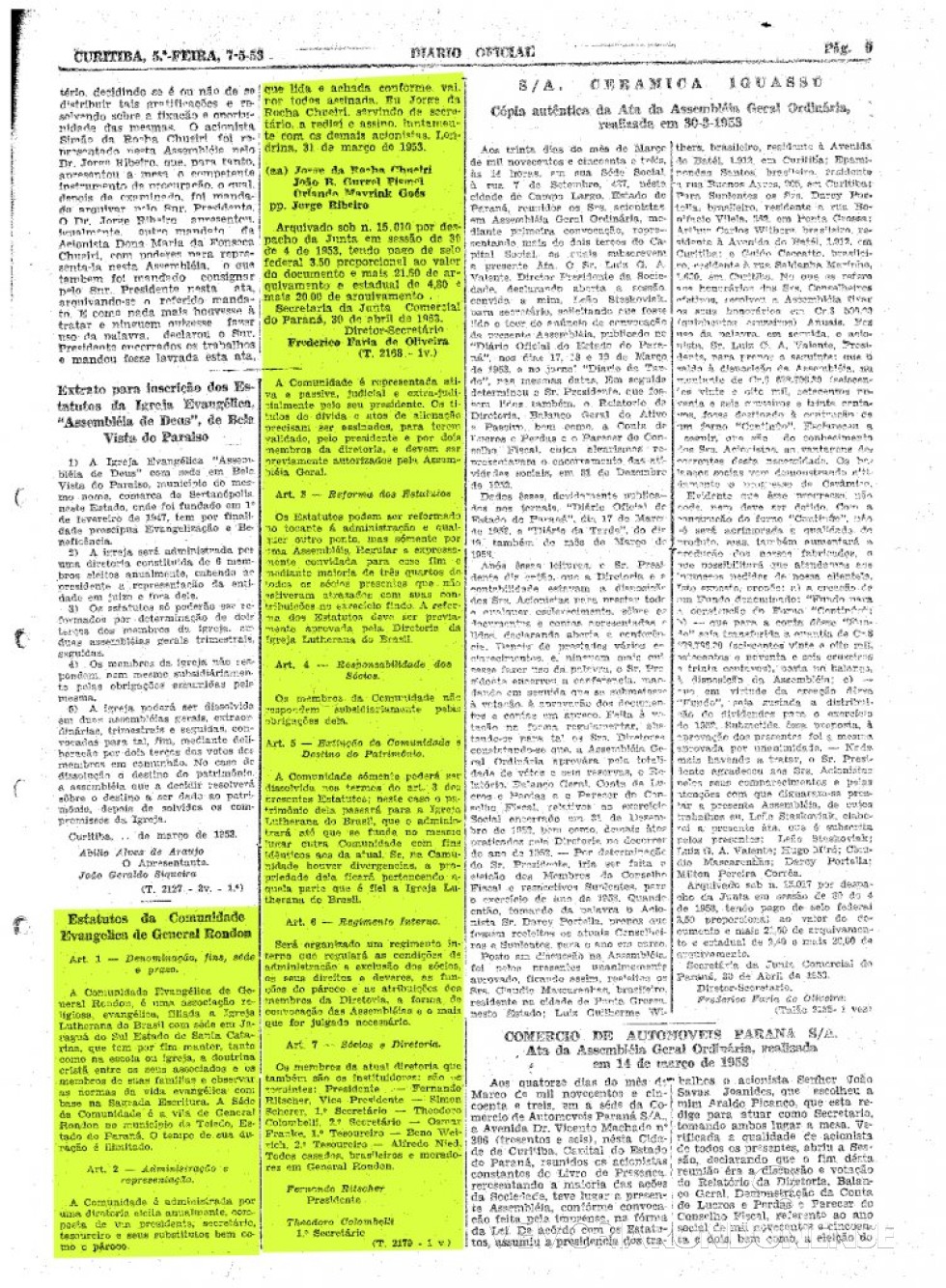 || Publicação do extrato dos Estatutos da Comunidade Evangélica Martin Luther, no Diário Oficial do Estado, em maio de 1953.
Imagem:  Acervo Arquivo Público do Paraná - FOTO 2  - 