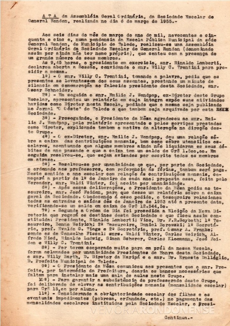 Ata de folha 1 da Assembleia  Geral Ordinária da então Sociedade Escolar de General Rondon, realizada em 06 de março de 1955. 
