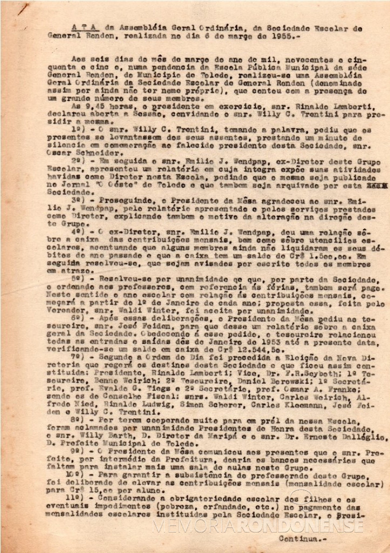Ata de folha 1 da Assembleia Geral Ordinária da então Sociedade Escolar de General Rondon, realizada em 06 de março de 1955.