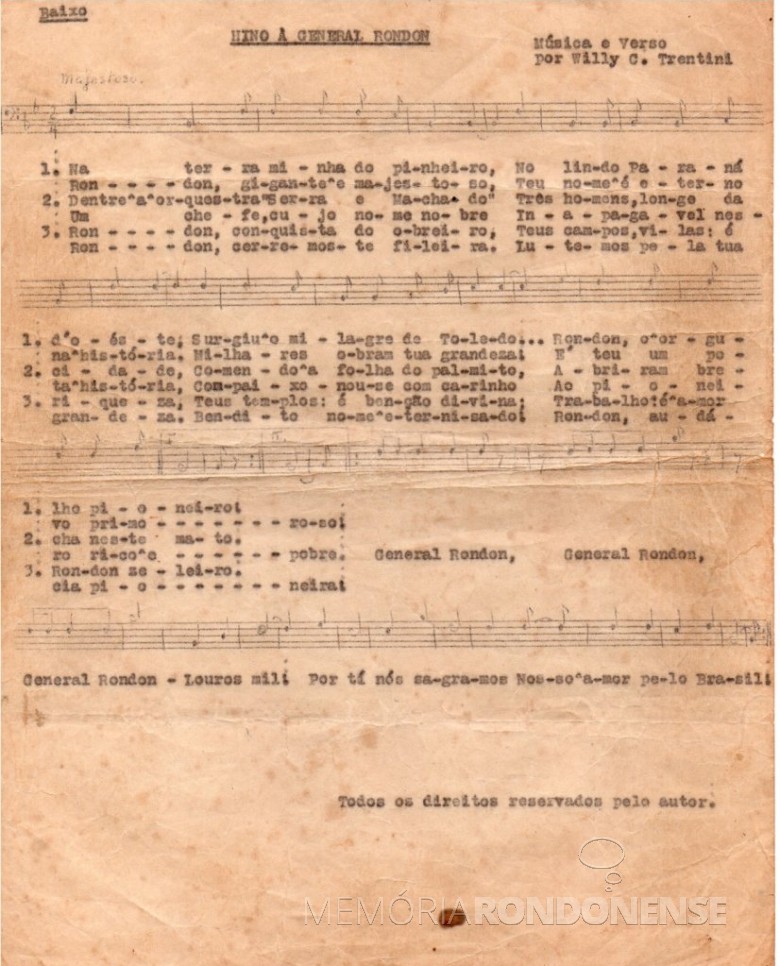 Partitura original do Hino à General Rondon para Baixo. 
