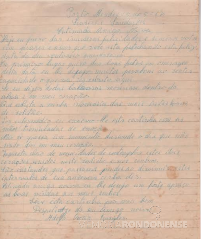 Carta de Adolfo Oscar Kunzler dirigida a sua noiva moradora em Quatro Pontes.
