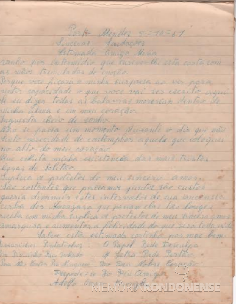 Outra carta de Adolfo Oscar Kunzler para sua noiva em Quatro Pontes.