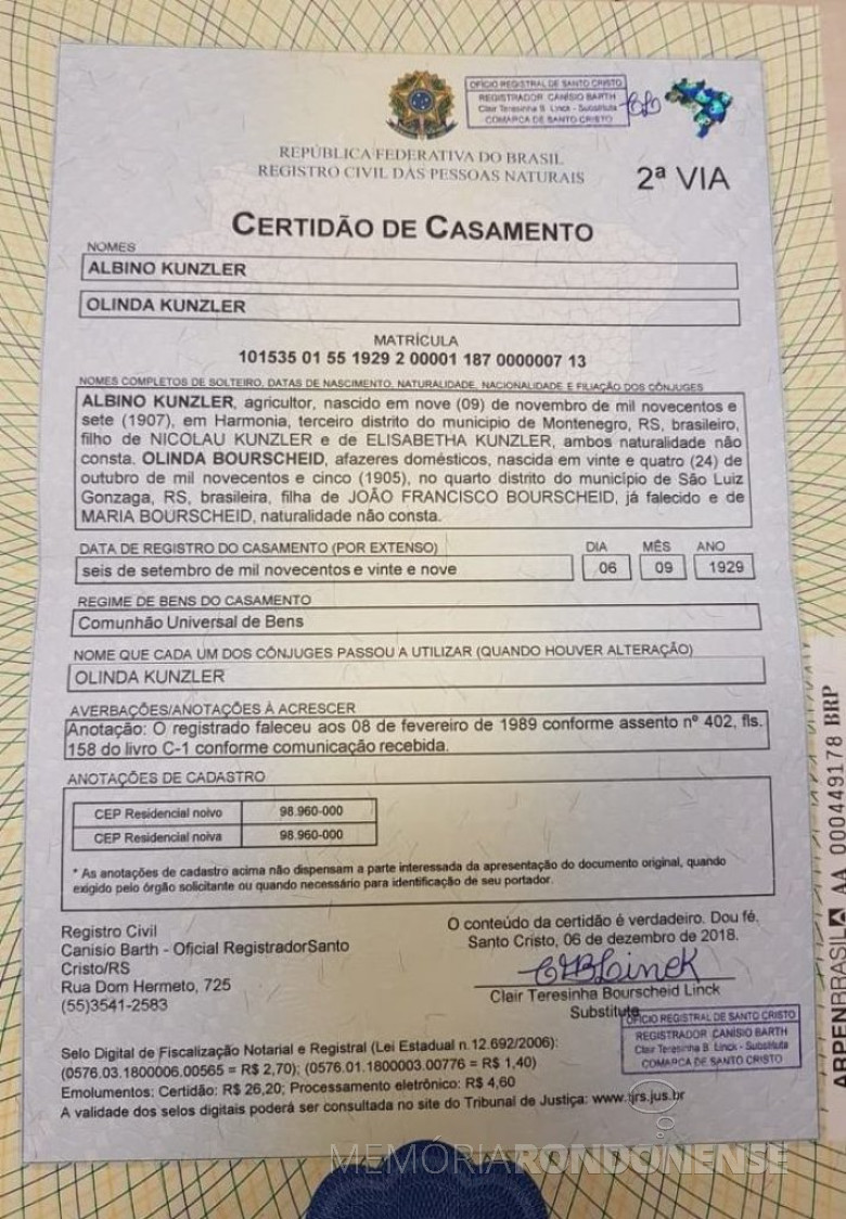 Certidão de casamento de Alino Kunzler e Olinda Bourscheidt, pais de Adolfo Oscar Kunzler.