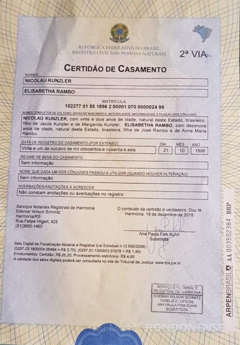 Certidão de casamento de Nicolau Kunzler e Elizabetha Rambo, avós paternos de Adolfo Oscar Kunzler.