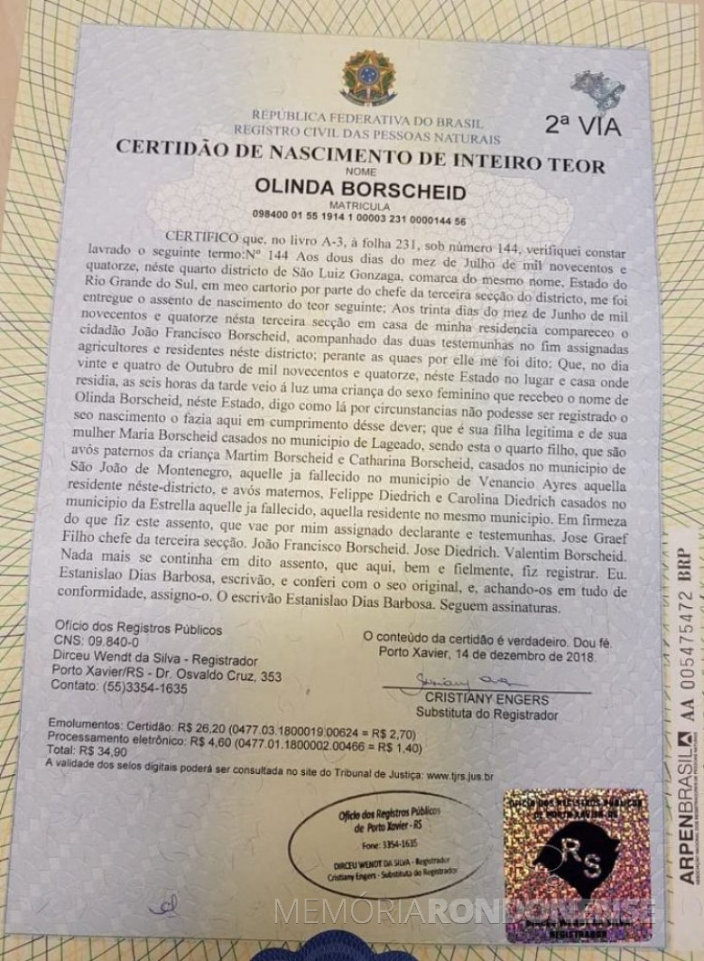 Certidão de nascimento de Olinda Bourscheid Kunzler, mãe de Adolfo Oscar Kunzler.