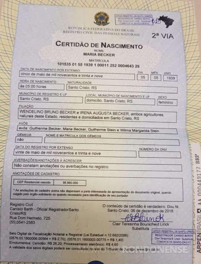 Certidão de nascimento de Maria Becker, esposa de Adolfo Oscar Kunzler.