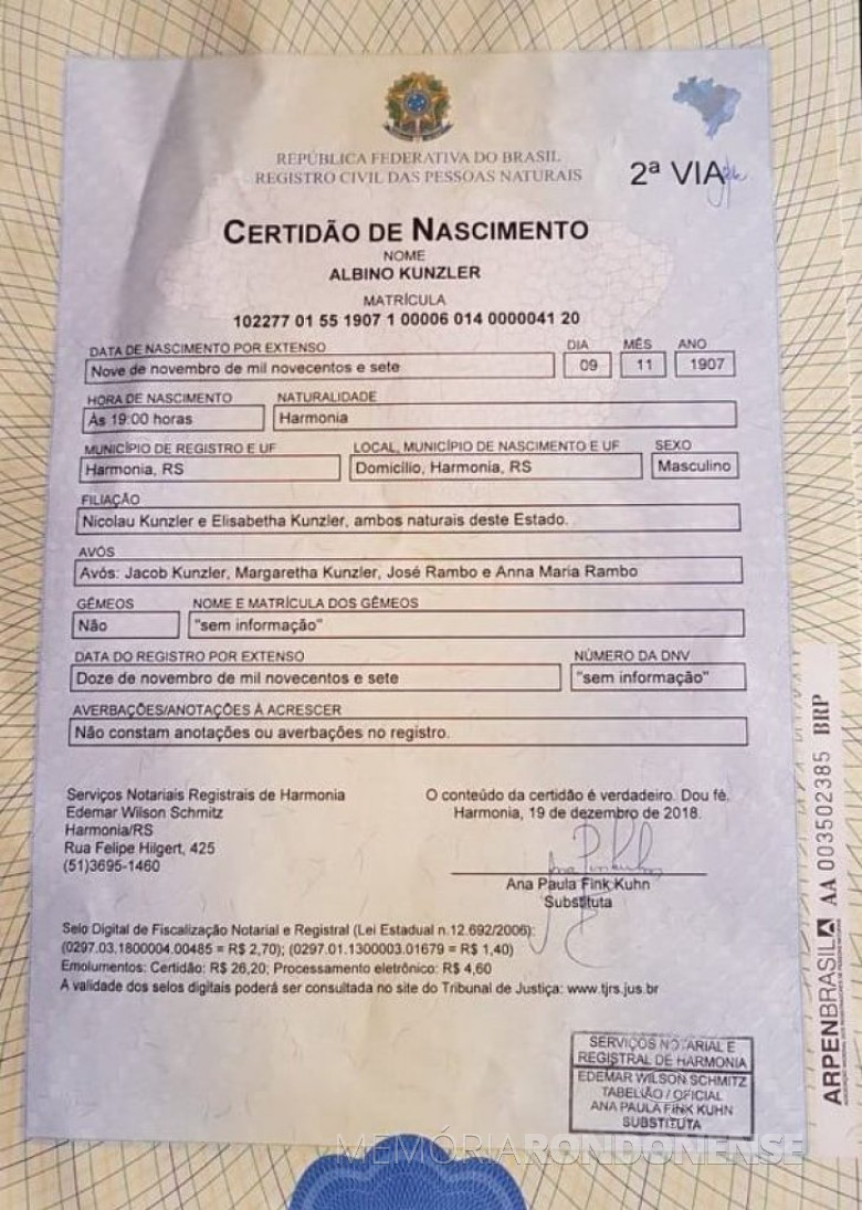 Certidão de nascimento (2ª via) de Albino Kunzler.