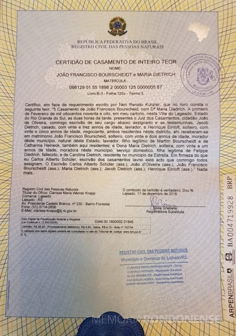 Certidão de casamento de Maria Dietrich e João Francisco Bourscheidt, avós amternos de Adolfo Oscar Kunzler.