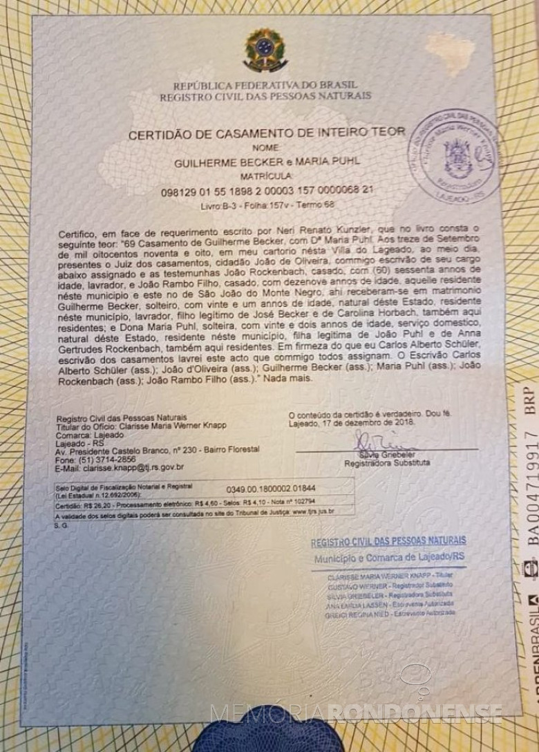 Certidão de casamento de Maria Puhl e Guilherme Becker, avós de Maria Becker, esposa de Adolfo Oscar Kunzler.