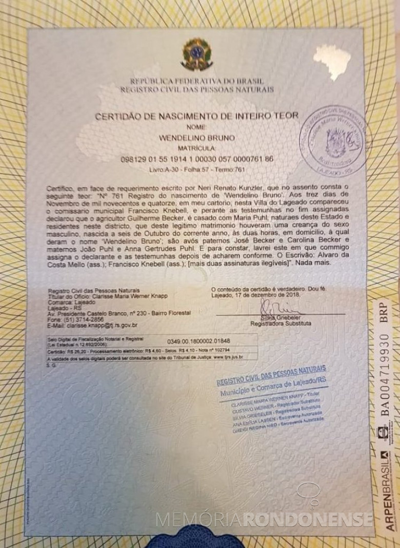 Certidão de nascimento de Vendelino Bruno Becker - pai de Maria Becker, esposa de Adolfo Oscar Kunzler.