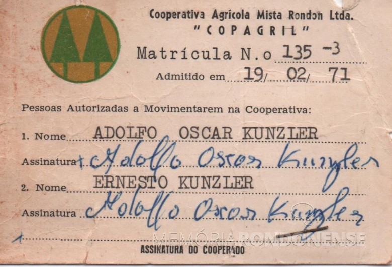Carteira Adolfo Oscar Kunzler como associado da Copagril. 