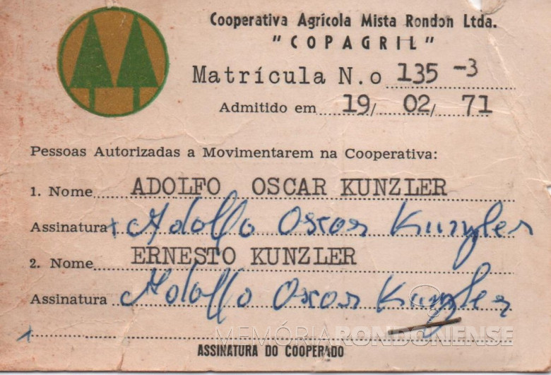 Carteira Adolfo Oscar Kunzler como associado da Copagril.