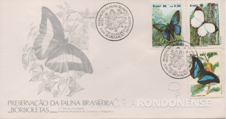 Envelope de 1º Dia de Circulação dos selos postais de Preservação da Fauna Brasileira, lançados no Parque Nacional do Iguaçu, em 05 de junho de 1986.
Imagem: Acervo Projeto Memória Rondonense (peça orginal nº 18641).