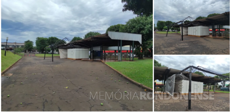 Destruição da estrutura física usada para a vancinação contra o coronavírus, junto a rodoviária municipal, em Marechal Cândido Rondon. 