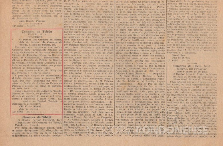 Publicação no Diário Oficial com os nomes dos inscritos para exercerem o cargo de Escrivão de Paz, no então distrito de General Rondon.