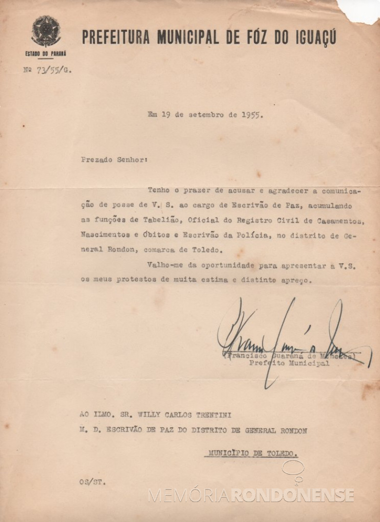 Cópia da correspondência do Prefeito Municipal de Foz do Iguaçu onde agradece  a comunicação de posse como cartorário em General Rondon. 