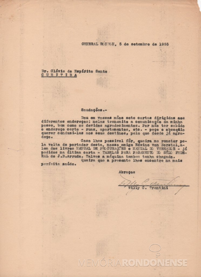 Correspondência do cartorário Willy Carlos Trentini para o ex-promotor da comarca de Toledo, pedindo apoio na providência de publicações.
