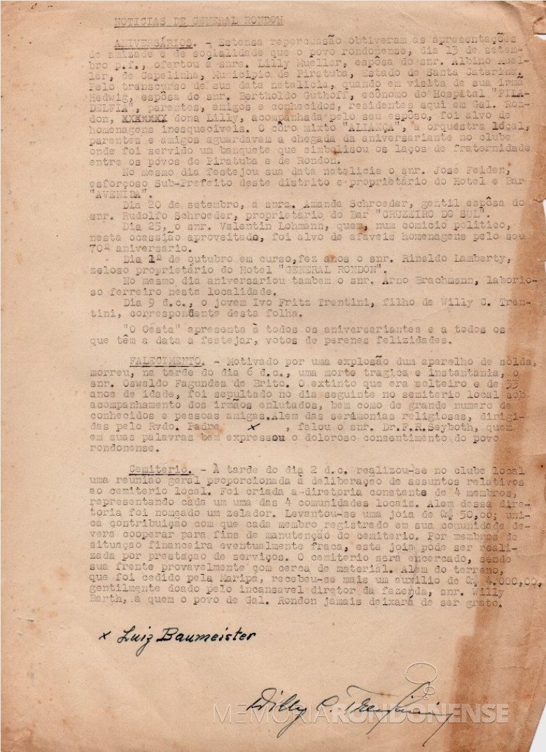 Pauta de notícias elaborada pelo senhor Willy Carlos Trentini para ser publicada no jornal 