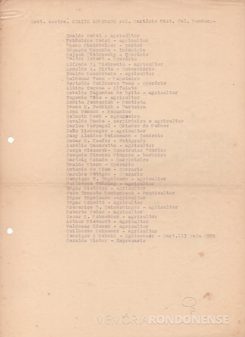 Lista nominativa (continuidade) de rondonenses subscreventes do abaixo-assinado pleiteando a instalação do Cartório de Registro Civil.