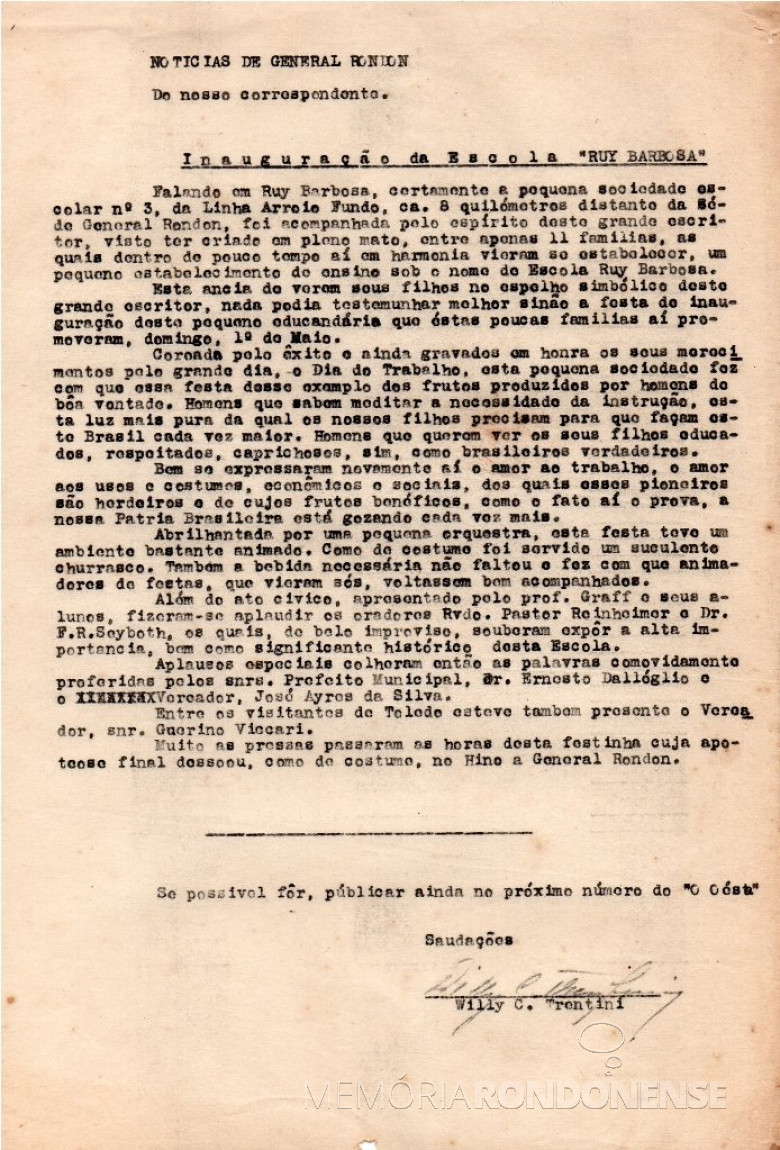 Nota produzida pelo então correspondente jornalístico Willy Carlos Trentini para o extinto jornal