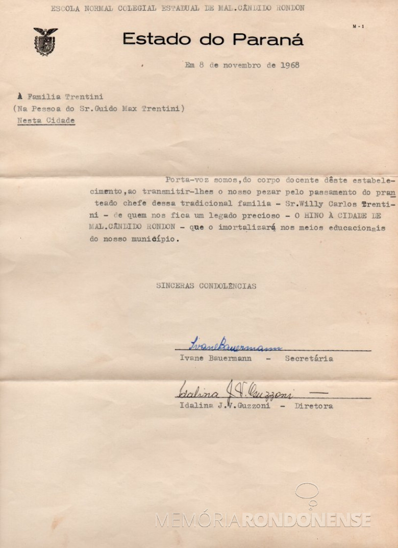 Nota de condolências da então Escola Normal Colegial Estadual Marechal Cândido Rondon à Família Trentini pelo falecimento de Willy Carlos Trentini.