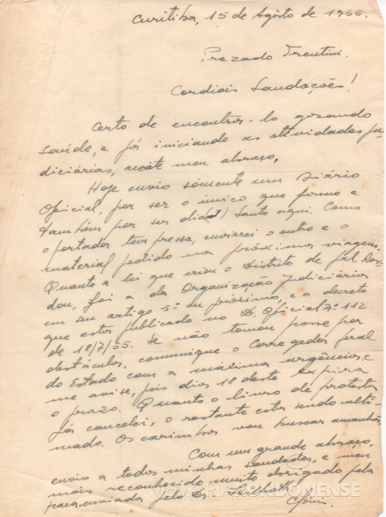 Correspondência do promotor Clóvis do Espírito Santo para o senhor Willy Carlos Trentini.