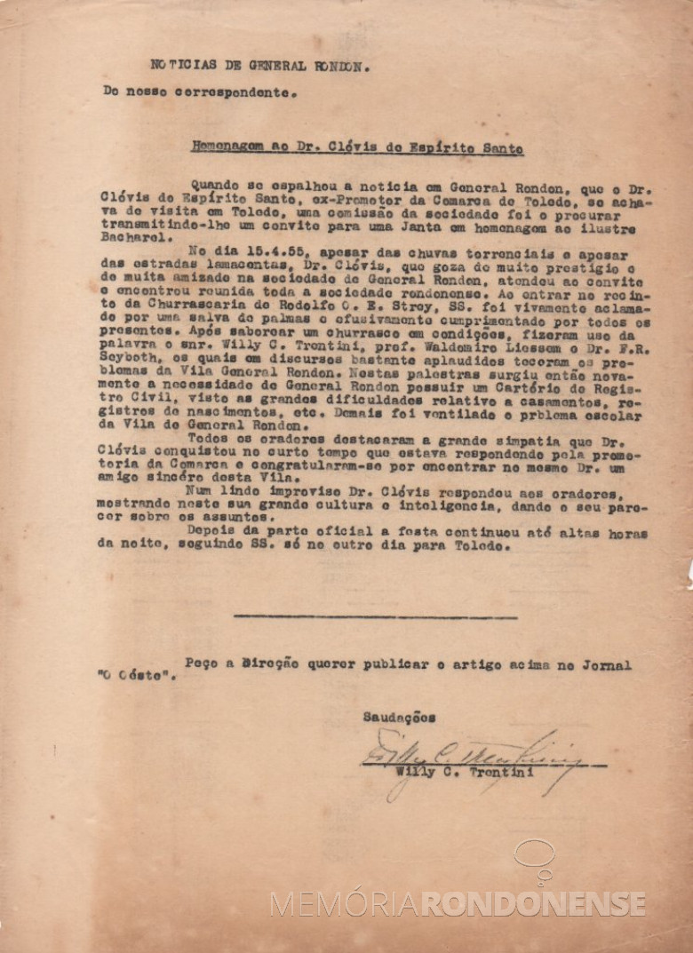 Nota do correspondente jornalístico Willy Carlos Trentini para o jornal