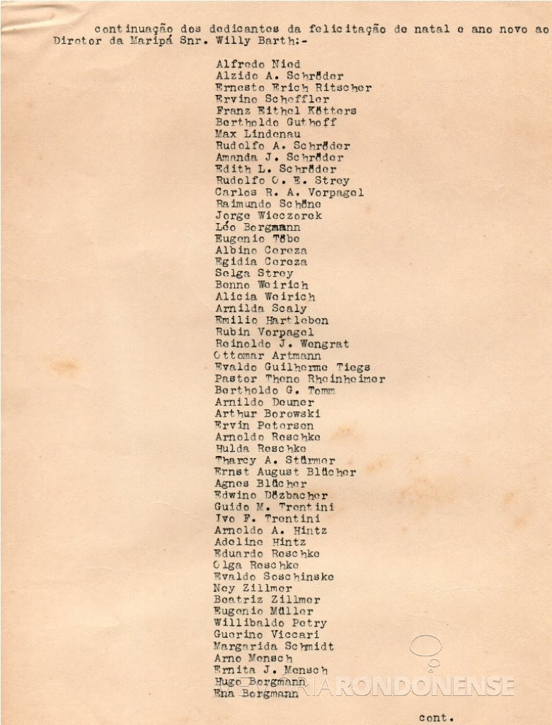 Continuação do rol de nomes de moradores rondonenses pioneiros subscritores da mensagem de Natal e de Ano Novo ao senhor Willy Barth.